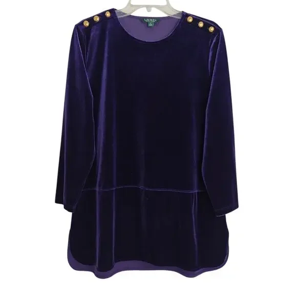 Ralph Lauren Velvet Velour Tunic Top Women's Size XL Purple Gold Buttons Classic - Picture 2 of 8